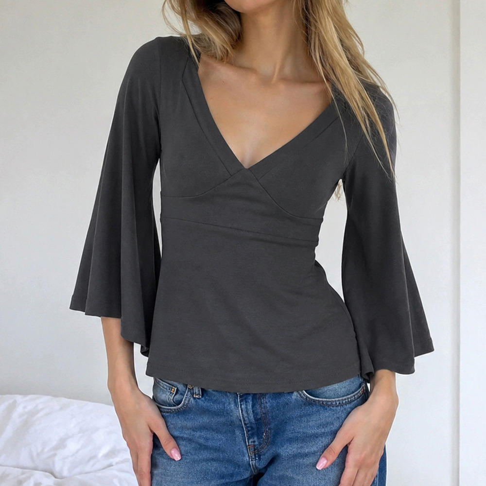 Zara V-Neck Solid Basic Bell Sleeve Tie Casual Slim Fit T-Shirt